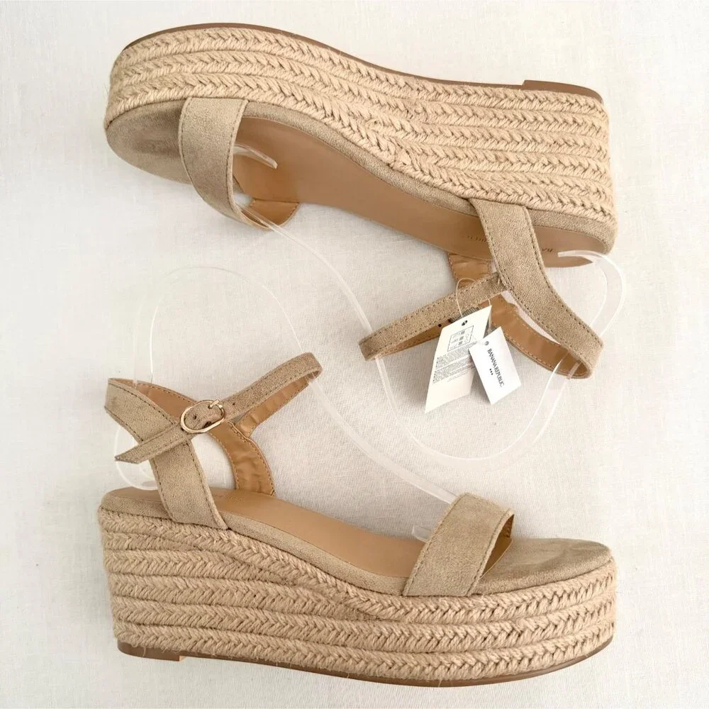 Banana Republic Platform Espadrille Sandals Size 8 Bone Faux Suede Resortwear - Picture 2 of 16